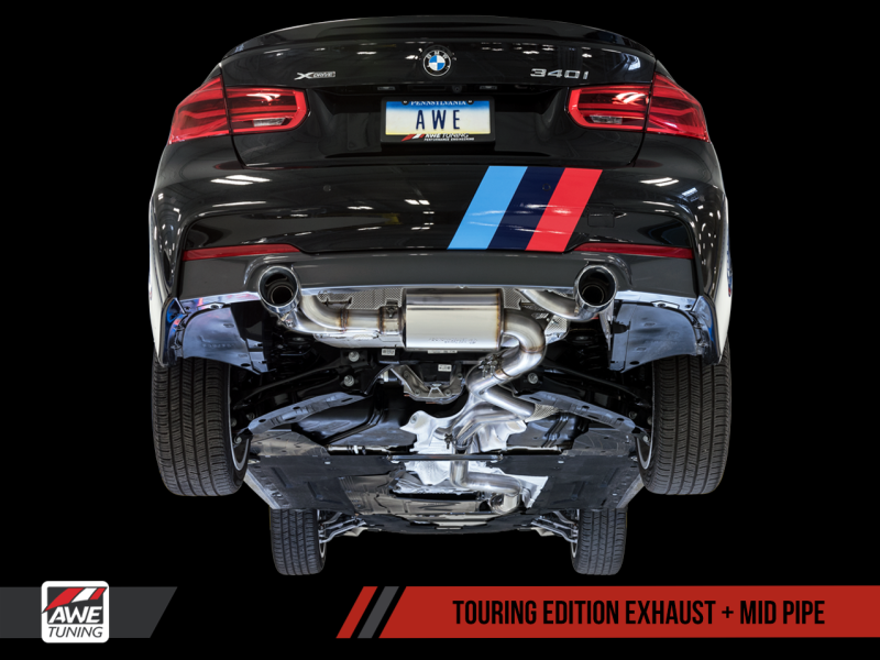 AWE Tuning BMW F3X 340i Touring Edition Axle-Back Exhaust - Chrome Silver Tips (90mm) - eliteracefab.com