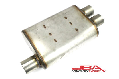 JBA Universal Chambered Style 304SS Muffler 13x9.75x4 2.5in Inlet Diameter Offset/2.5 Dual Outlet JBA