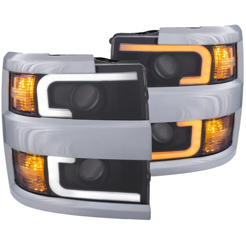 ANZO USA Chevrolet Silverado Hd Projector Headlights W/ Plank Style Switchback Black W/ Amber Chrome Rim; 2015-2017 - eliteracefab.com