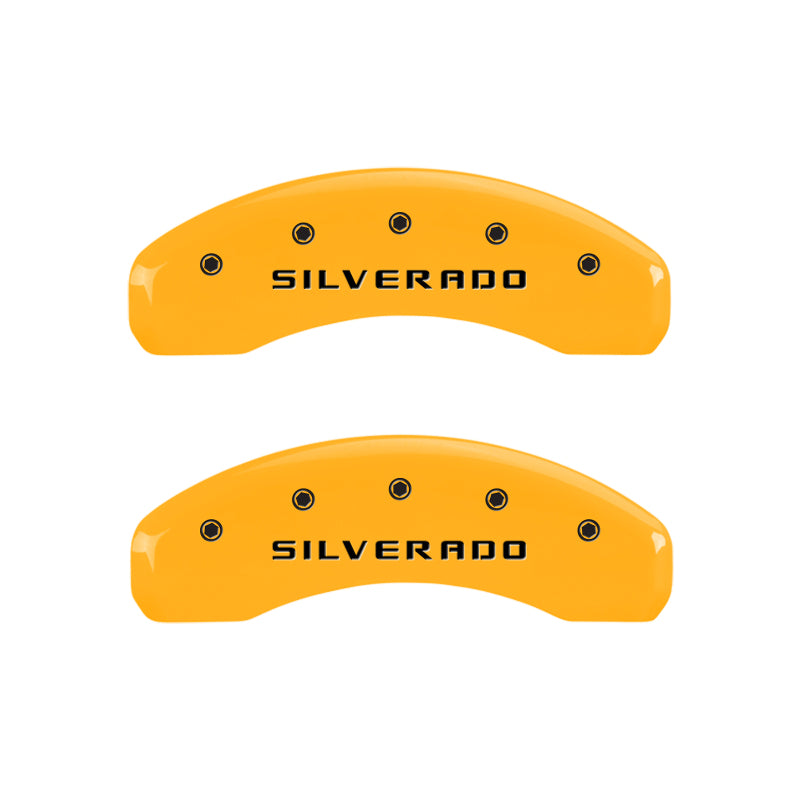 MGP 4 Caliper Covers Engraved Front & Rear Silverado Yellow finish black ch MGP