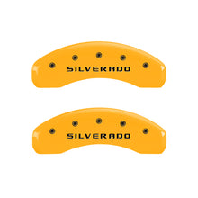 Load image into Gallery viewer, MGP 4 Caliper Covers Engraved Front &amp; Rear Silverado Yellow finish black ch MGP