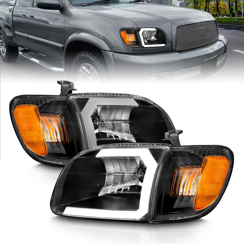 ANZO 00-04 Toyota Tundra (Fits Reg/Acc Cab Only) Crystal Headlights w/Light Bar Black w/Corner Light - eliteracefab.com