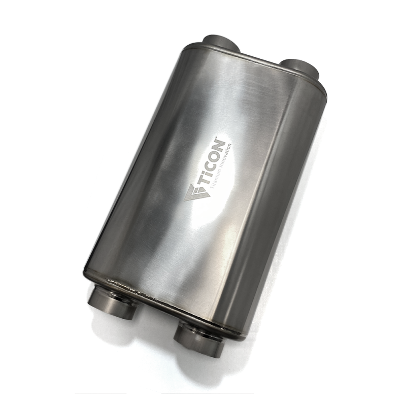 Ticon Industries 17in OAL 2.5in Thin Oval Matte Finish Titanium Muffler - 2.5in Dual In/Dual Out Ticon