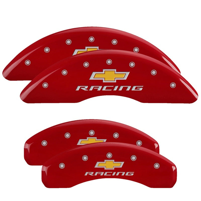 MGP 4 Caliper Covers Engraved Front & Rear Chevy Racing Red Finish Silver Char 2016 Chevrolet Camaro MGP