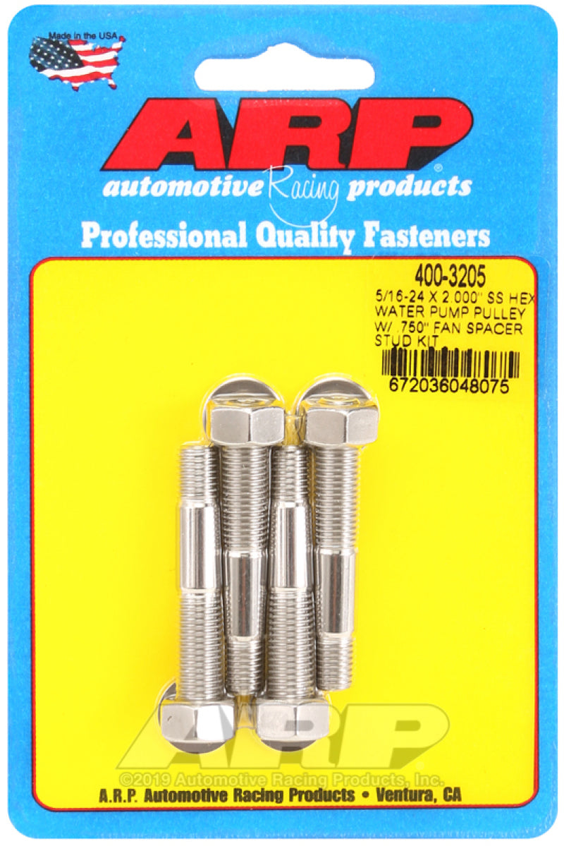 ARP 5/16-24 X 2.000 SS Hex Water Pump Pulley w/ .750in Fan Spacer Stud Kit ARP