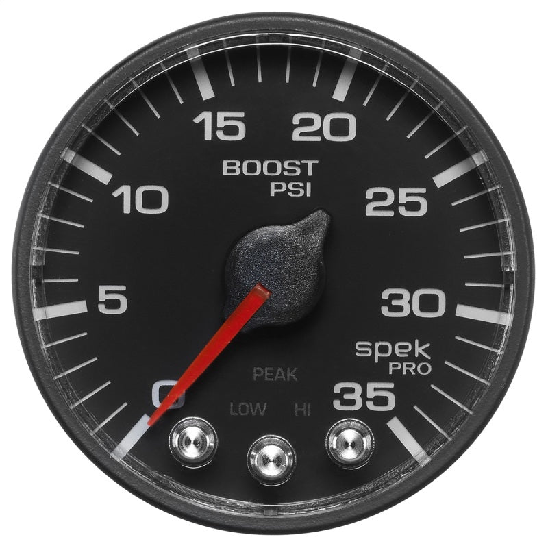 Autometer Spek-Pro Gauge Boost 2 1/16in 35psi Stepper Motor W/Peak & Warn Black/Black P303328