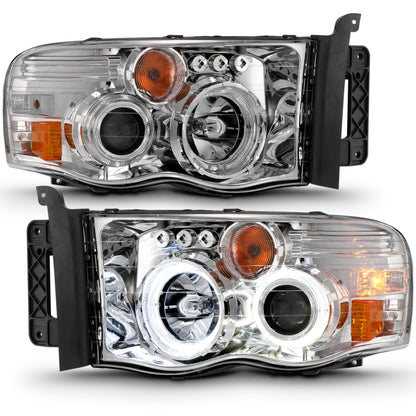 ANZO 2002-2005 Dodge Ram 1500 Projector Headlights w/ Halo Chrome Clear Amber - eliteracefab.com