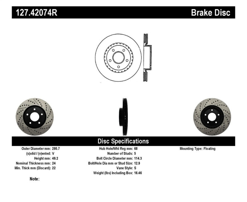 StopTech 1/02-05 Infiniti G35 (alloy disc) / 6/02-05 Nissan 350Z Slotted & Drilled Right Front Rotor - eliteracefab.com