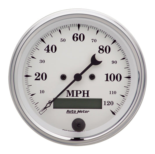 AutoMeter Gauge Speedo. 3-3/8in. 120MPH Elec. Prog. W/ Lcd Odo Old Tyme White 1680