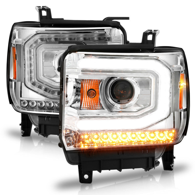 ANZO 2014-2015 Gmc Sierra 1500 Projector Headlights w/ Light Bar Chrome Housing (Halogen Type) - eliteracefab.com