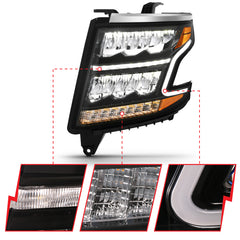 ANZO 15-20 Chevy Tahoe/Suburban LED Light Bar Style Headlights Black w/Sequential w/DRL w/Amber - eliteracefab.com