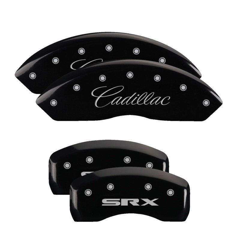 MGP 4 Caliper Covers Engraved Front Cursive/Cadillac Engraved Rear SRX Black finish silver ch MGP