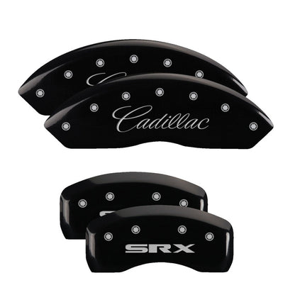 MGP 4 Caliper Covers Engraved Front Cursive/Cadillac Engraved Rear SRX Black finish silver ch MGP