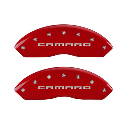 MGP 4 Caliper Covers Engraved Front Gen 5/Camaro Engraved Rear Gen 5/RS Red finish silver ch - eliteracefab.com