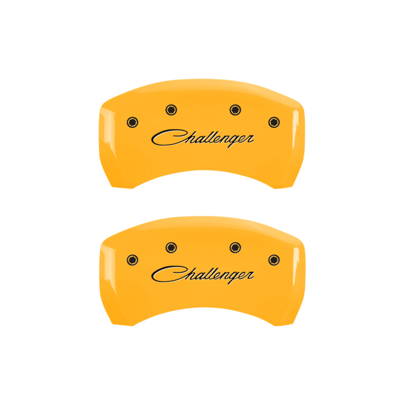 MGP 4 Caliper Covers Engraved Front & Rear Cursive/Challenger Yellow finish black ch MGP