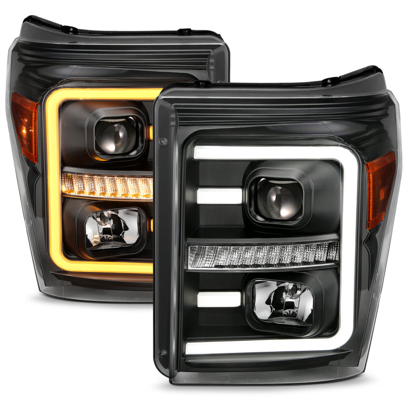 ANZO 2011-2016 Ford F250 Projector Headlights w/ Plank Style Switchback Black w/ Amber - eliteracefab.com