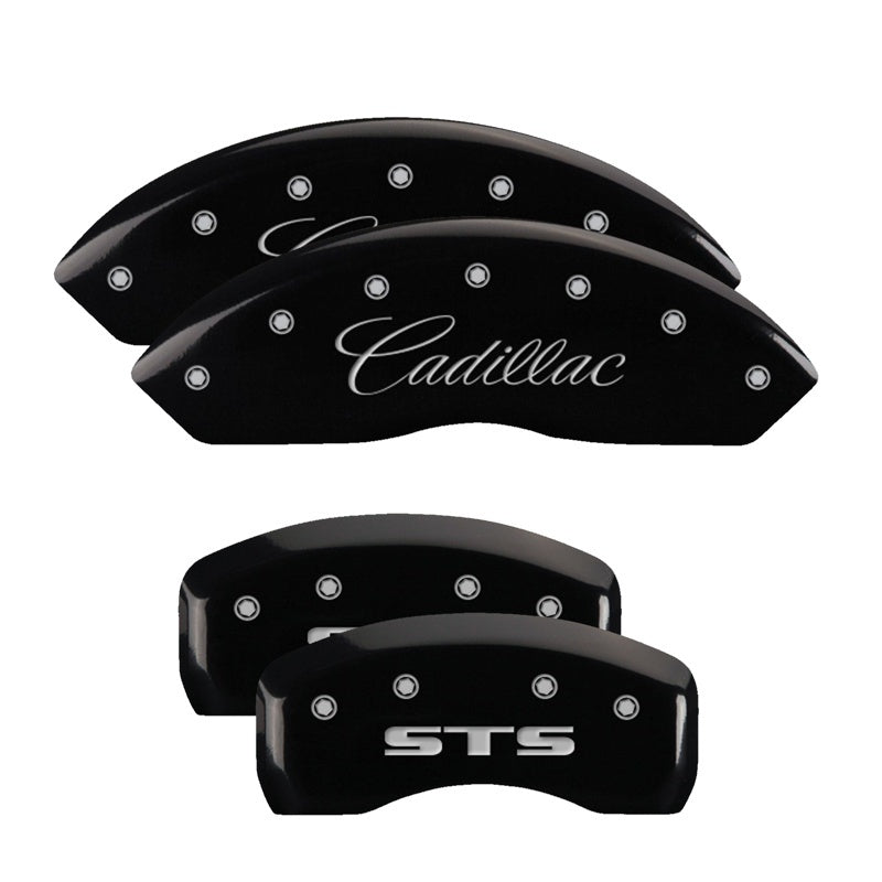 MGP 4 Caliper Covers Engraved Front Cursive/Cadillac Engraved Rear STS Black finish silver ch MGP