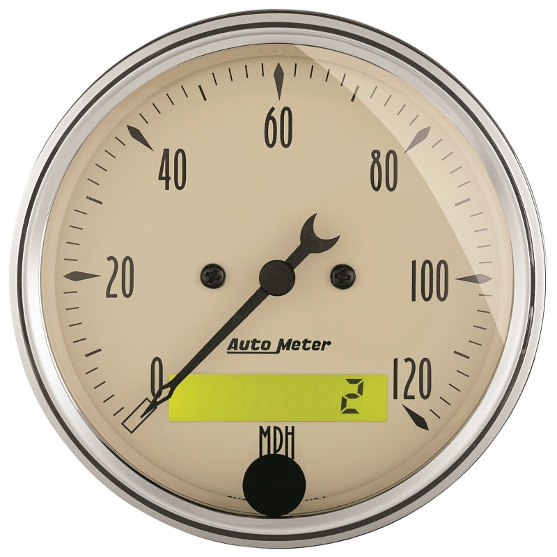 AutoMeter Gauge Speedo. 3-1/8in. 120MPH Elec. Prog. W/ Lcd Odo Antq Beige 1887