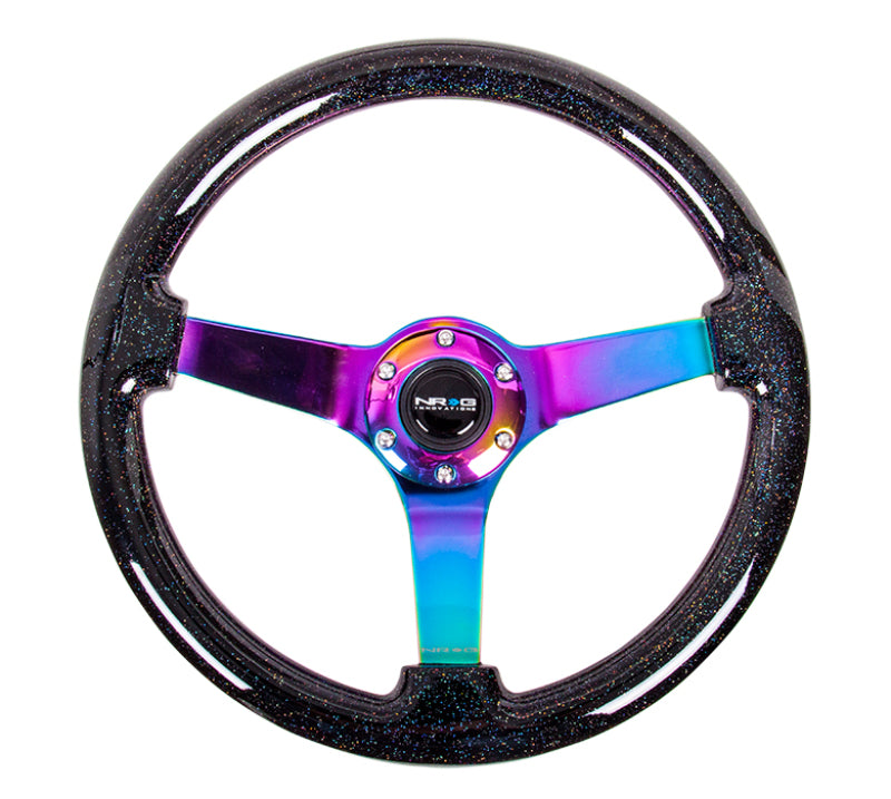 NRG Reinforced Steering Wheel 350mm Classic Black Sparkled Wood Grain Wheel 3 Inch Deep 4mm3-Spoke Center Neochrome - eliteracefab.com