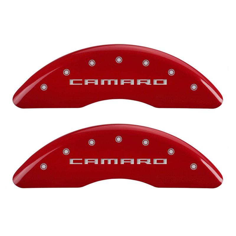 MGP 4 Caliper Covers Engraved Front & Rear Gen 5/Camaro Red finish silver ch - eliteracefab.com