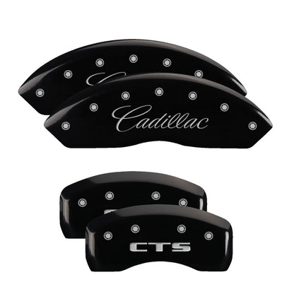 MGP 4 Caliper Covers Engraved Front Cursive/Cadillac Engraved Rear CTS Black finish silver ch MGP