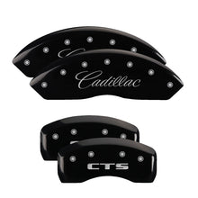 Load image into Gallery viewer, MGP 4 Caliper Covers Engraved Front Cursive/Cadillac Engraved Rear CTS Black finish silver ch