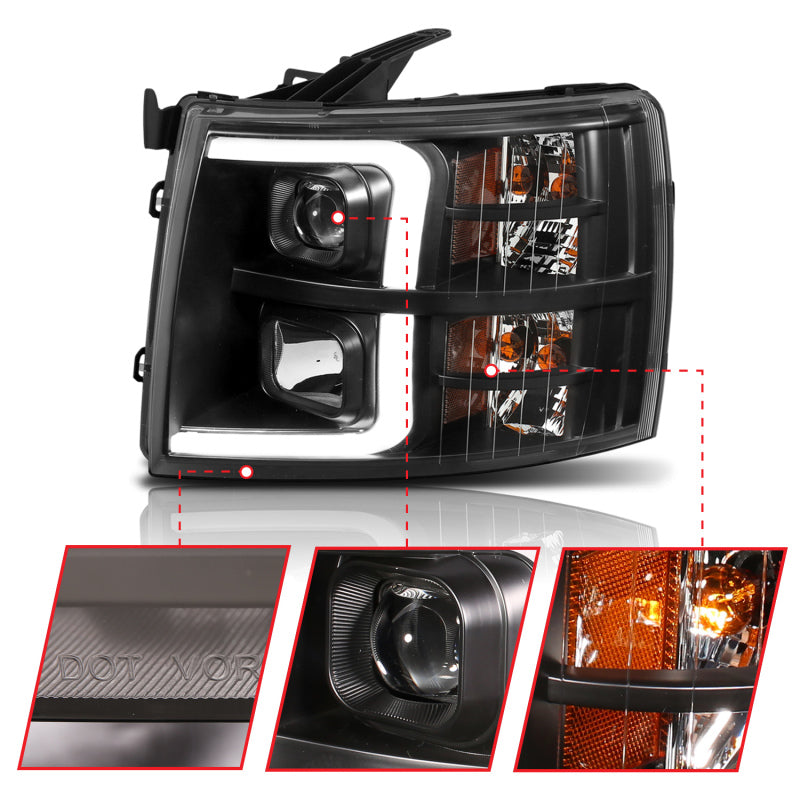 Anzo 07-13 Chevrolet Silverado-1500 Plank Style Projector Headlights Black with Amber - eliteracefab.com