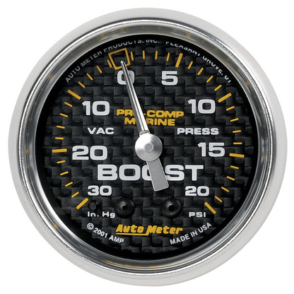 Autometer Marine Carbon Fiber 2-1/16in 30INHG/20PSI Mechanical Vacuum/Boost Gauge 200774-40
