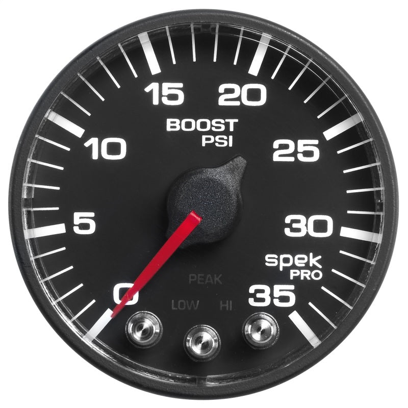 Autometer Spek-Pro Gauge Boost 2 1/16in 35psi Stepper Motor W/Peak & Warn Black/Black P303328