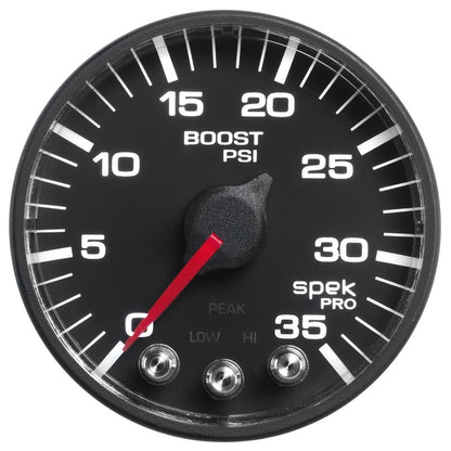 Autometer Spek-Pro Gauge Boost 2 1/16in 35psi Stepper Motor W/Peak & Warn Black/Black P303328