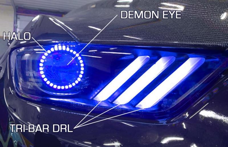 Oracle 15-17 Ford Mustang Dynamic RGB+A Pre-Assembled Headlights - Black Edition - ColorSHIFT - eliteracefab.com