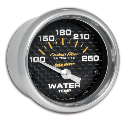 AutoMeter GAUGE; WATER TEMP; 2 1/16in.; 100-250deg.F; ELECTRIC; CARBON FIBER - eliteracefab.com