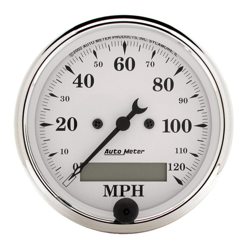 AutoMeter Gauge Speedo. 3-1/8in. 120MPH Elec. Prog. W/ Lcd Odo Old Tyme White 1688