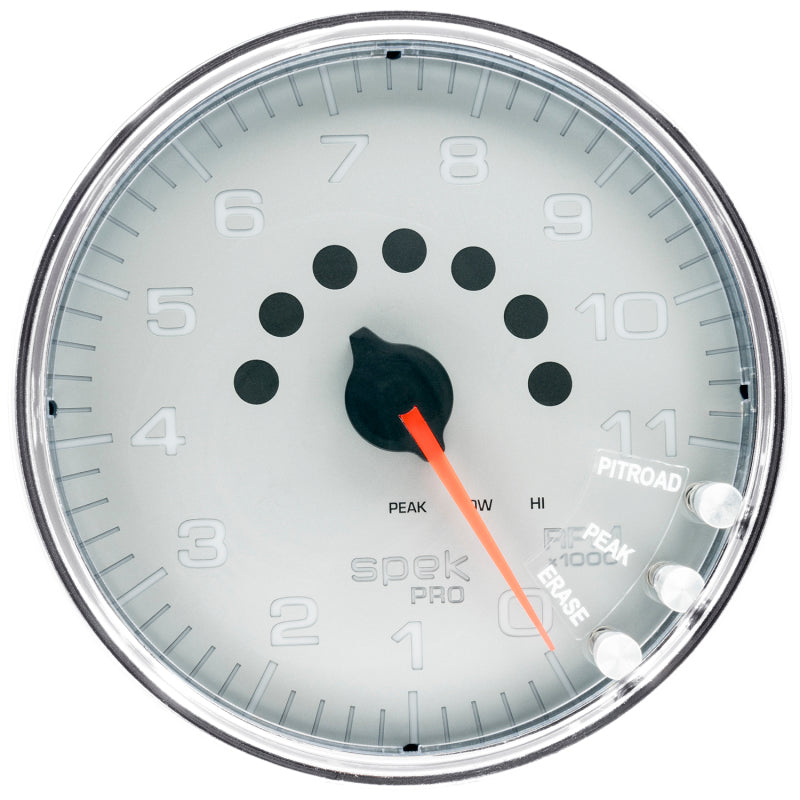 Autometer Spek-Pro Gauge Tachometer 5in 11K Rpm W/Shift Light & Peak Mem Silver/Chrome P23921