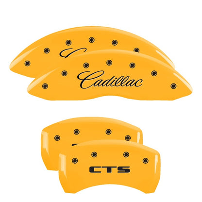 MGP 4 Caliper Covers Engraved Front Cursive/Cadillac Engraved Rear CTS Yellow finish black ch MGP