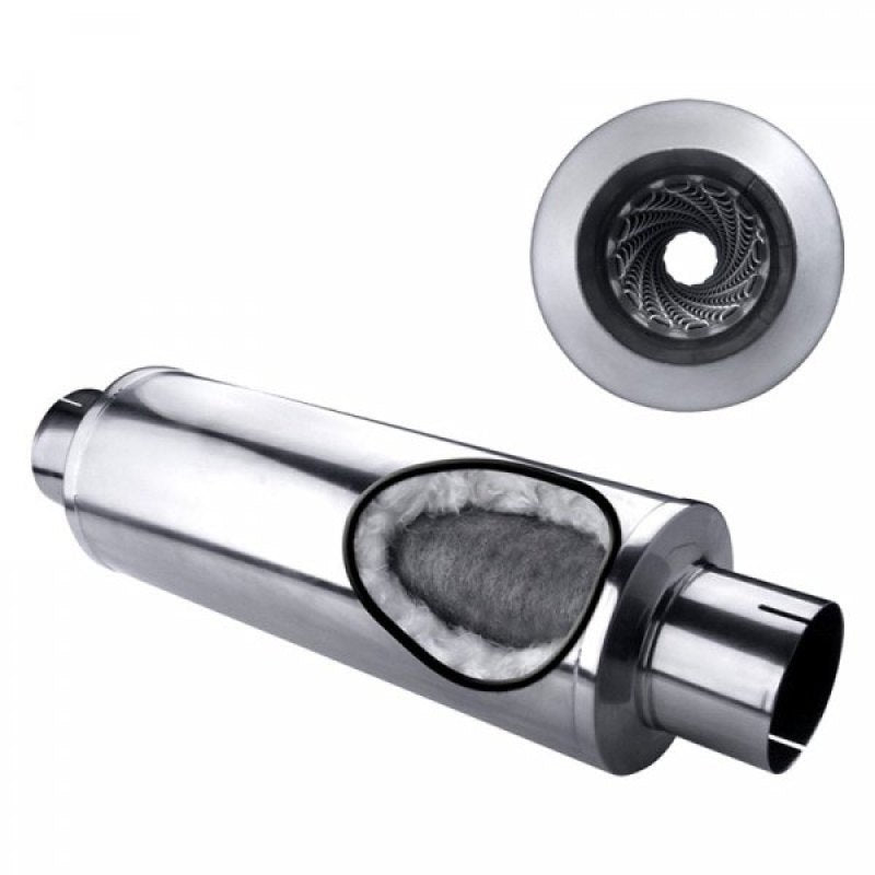 Diamond Eye MFLR 4inID SGL IN/SGL OUT 7inDIA X 24in BODY 30in LENGTH LOUVERED SLOTTED ENDS 409 SS Diamond Eye Performance