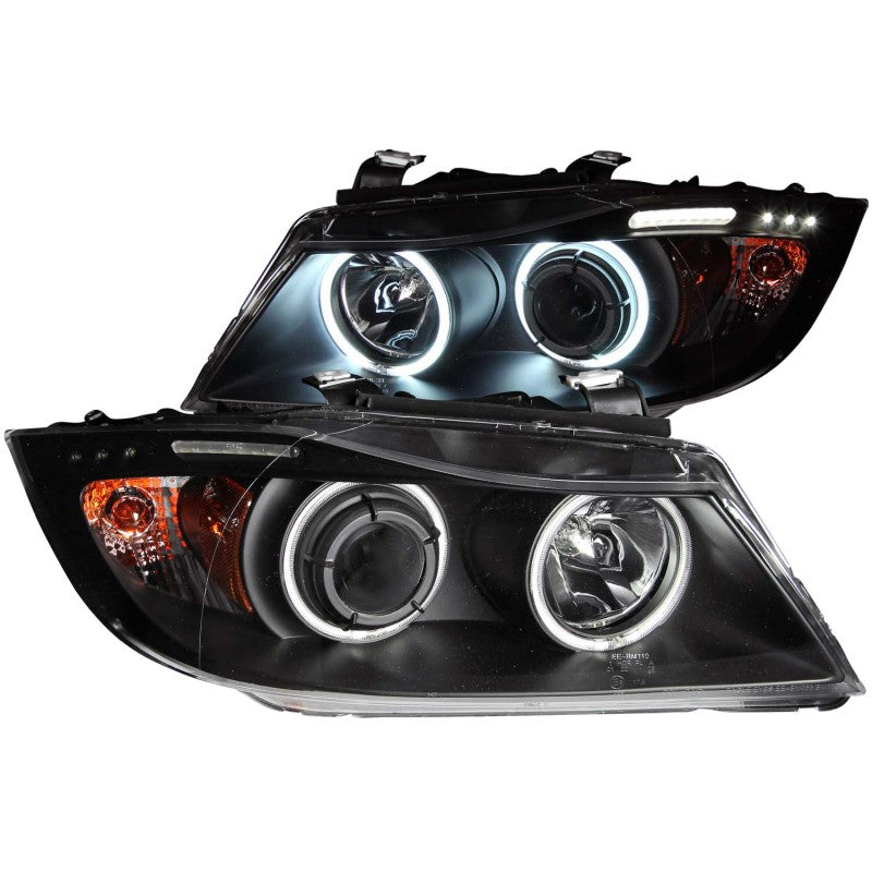 ANZO USA Bmw 3 Series E90-E91 4dr Wagon Projector Headlights W/ Halo W/ Led Bar Black Ccfl; 2006-2008 - eliteracefab.com