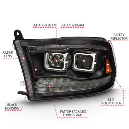 ANZO 2009-2018 Dodge Ram 1500 Led Projector Plank Style Switchback H.L Halo Black Amber (OE Style) - eliteracefab.com