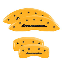 Load image into Gallery viewer, MGP 4 Caliper Covers Engraved Front &amp; Rear Impala Yellow finish black ch MGP