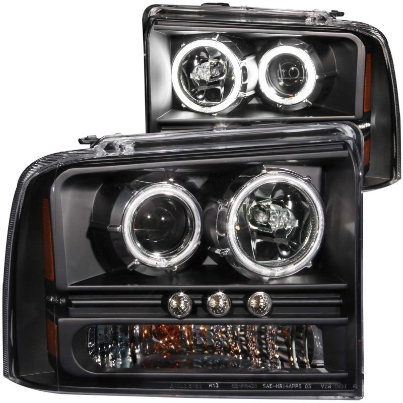 ANZO USA Ford Excursion Projector Headlights W/ Halo Black W/ Led Strip Ccfl 1pc; 2005-2007 - eliteracefab.com