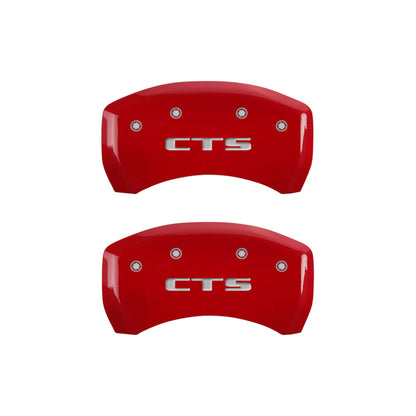 MGP 4 Caliper Covers Engraved Front Cursive/Cadillac Engraved Rear CTS Red finish silver ch MGP