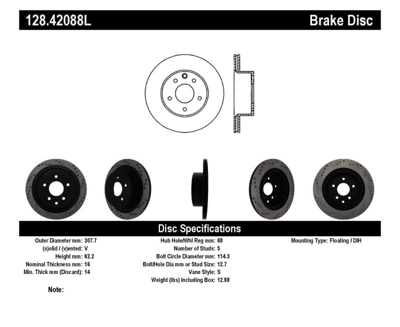 STOPTECH 08-09 INFINITI EX35 / 05-08 G35 / 09 G37 / 06-09 M35/M45 DRILLED LEFT REAR ROTOR, 128.42088L - eliteracefab.com