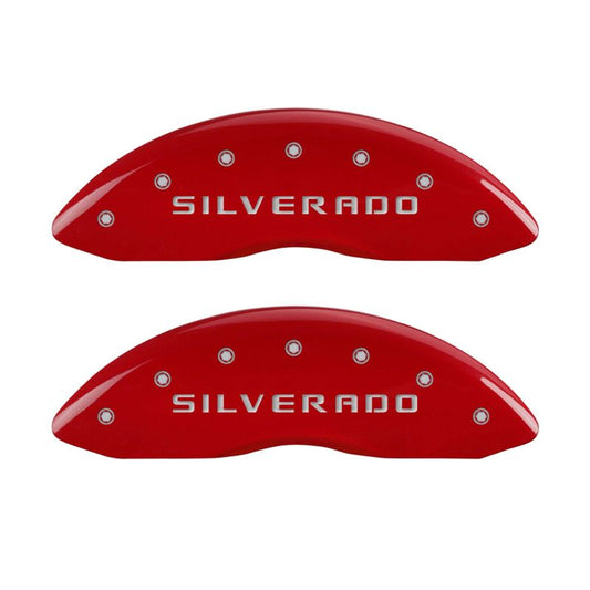 MGP 4 Caliper Covers Engraved Front & Rear Silverado Red finish silver ch - eliteracefab.com