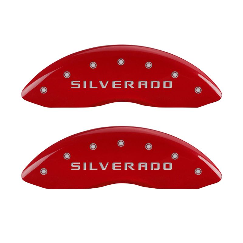 MGP 4 Caliper Covers Engraved Front & Rear Silverado Red finish silver ch MGP