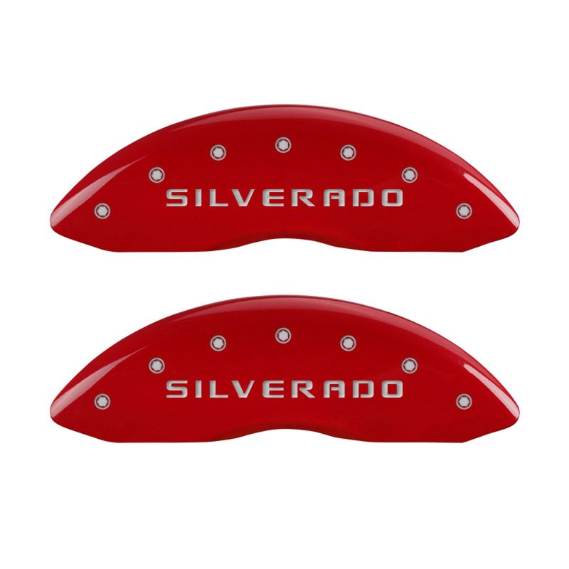 MGP 4 Caliper Covers Engraved Front & Rear Silverado Red finish silver ch MGP