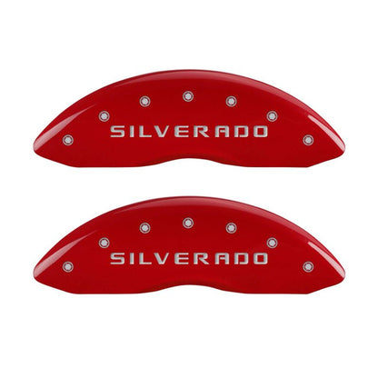 MGP 4 Caliper Covers Engraved Front & Rear Silverado Red finish silver ch MGP