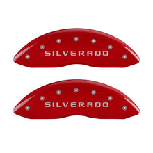 Load image into Gallery viewer, MGP 4 Caliper Covers Engraved Front &amp; Rear Silverado Red finish silver ch MGP