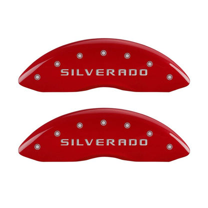 MGP 4 Caliper Covers Engraved Front & Rear Silverado Red finish silver ch - eliteracefab.com