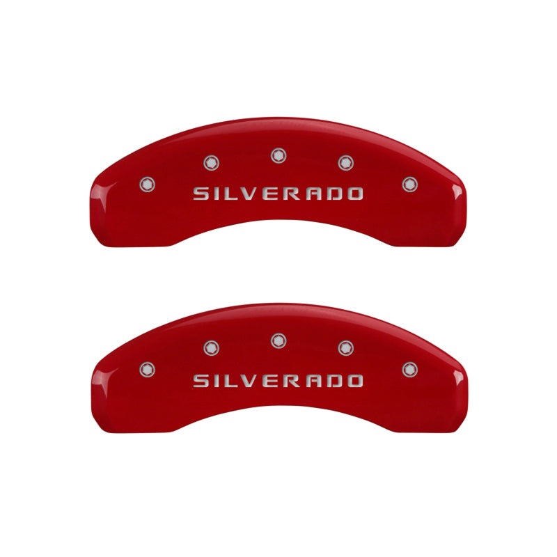 MGP 4 Caliper Covers Engraved Front & Rear Silverado Red finish silver ch MGP