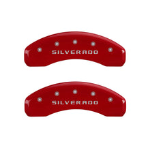 Load image into Gallery viewer, MGP 4 Caliper Covers Engraved Front &amp; Rear Silverado Red finish silver ch - eliteracefab.com